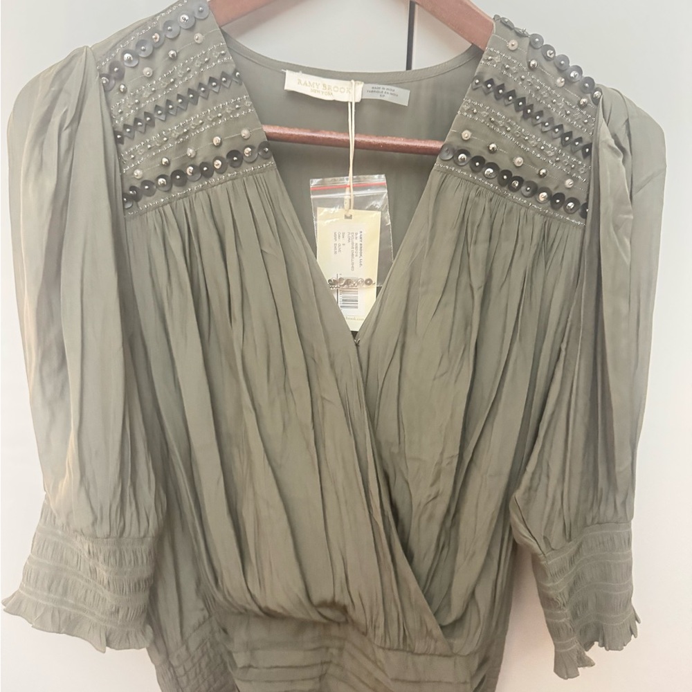 NWT Ramy Brook Olive Green Beaded Silk V-Neck Blouse Smocked Waist Small